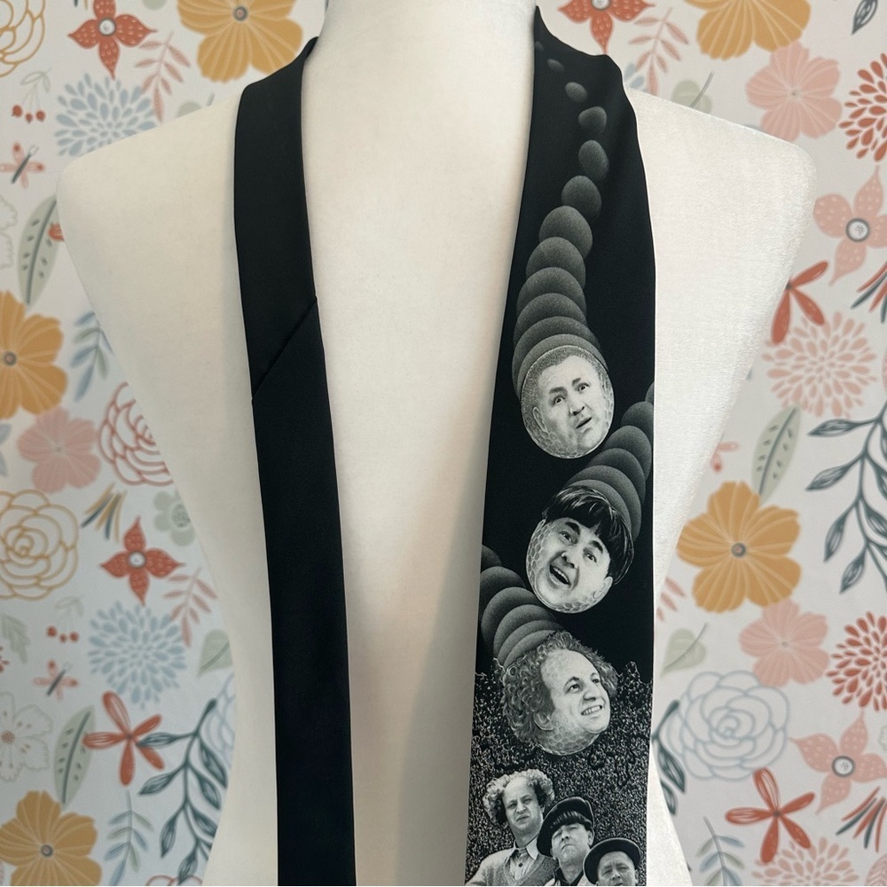 Vintage Golfing Stooges Necktie Black Novelty Tie Graphic Faces 58”